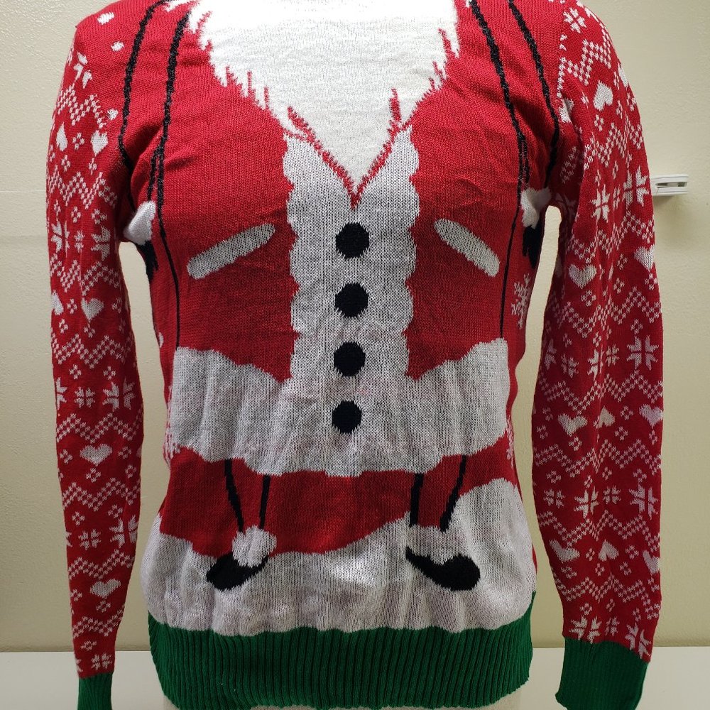 Well Worn Red Heart & Snowflake Print Santa Claus Christmas Holiday Sweater